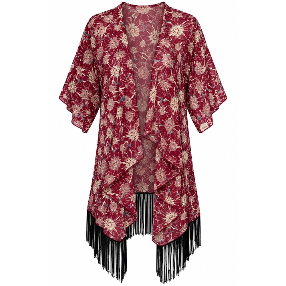 LuLaRoe Monroe Kimono Burgundy Floral Fringe Open Front Boho Festival Cardigan